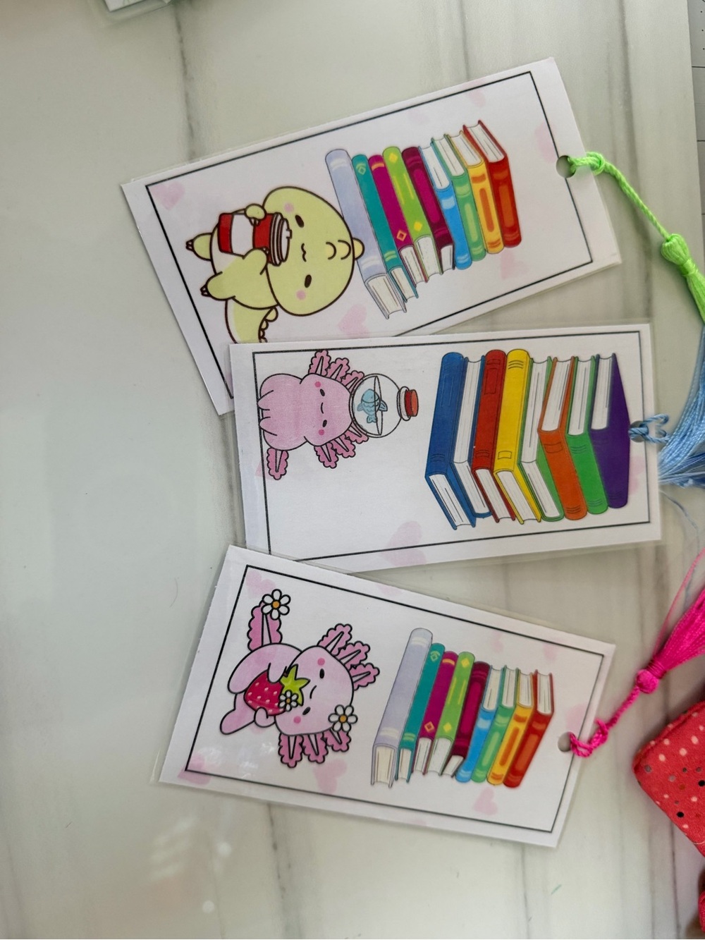 Axolotl Bookmarks Set for Kids – Pink, Yellow, Blue ramdom book marks 10 for 15$